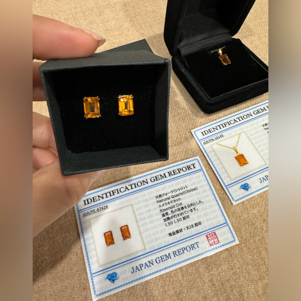 18K Yellow Gold Citrine Pendant & Earrings Set with Authentication Certificates